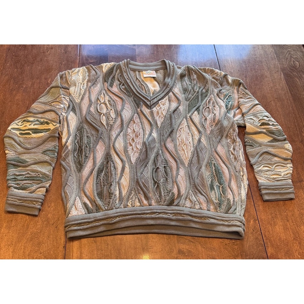 Vintage COOGI Australia Sweater L 3D Textured Knit V Neck 90s Hip Hop Cotton